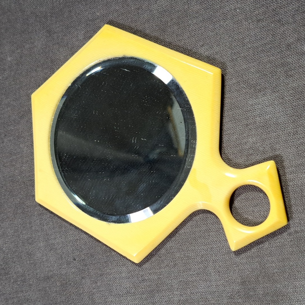 Vintage Celluloid Geometric Shaped Hand Vanity Mirror G- 6" x 4"